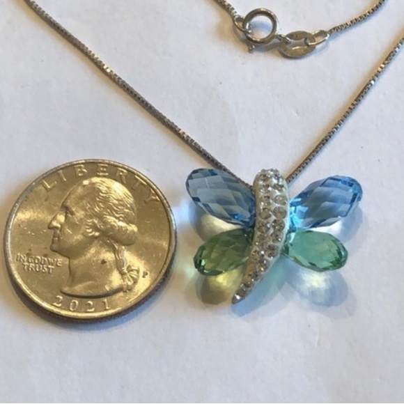 925 AU Sterling Silver Vintage Blue & Green CZ Gem Stone Butterfly necklace - Picture 3 of 5
